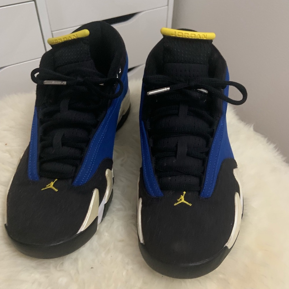 Jordan 14s Blue Yellow Black low laney